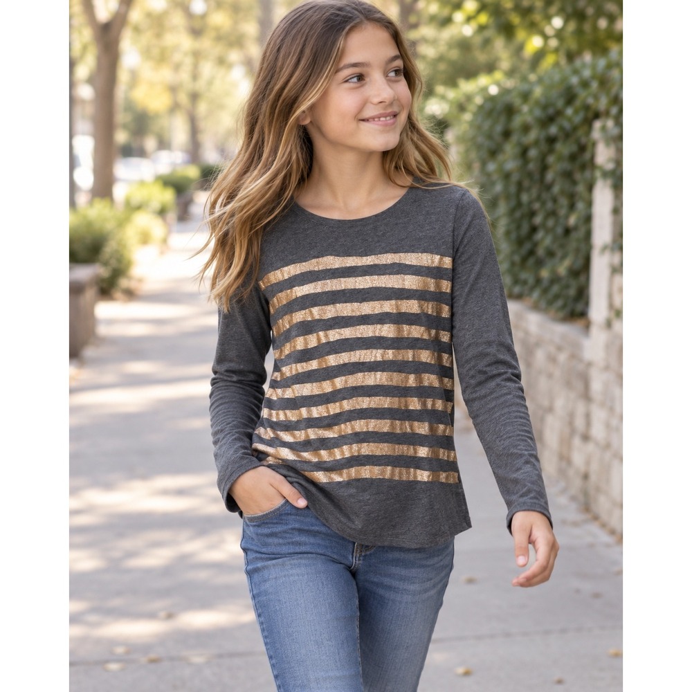 Epic Threads Girls XL Gray Rose Gold Metallic Foil Stripe Long Sleeve Tee Shirt